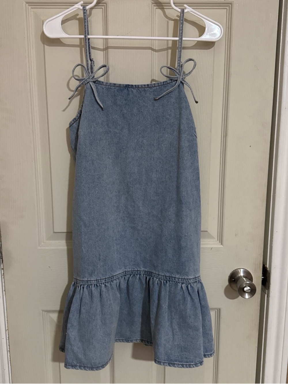 Mable Denim Tie-Shoulder Ruffle Hem Casual Dress - Light Blue